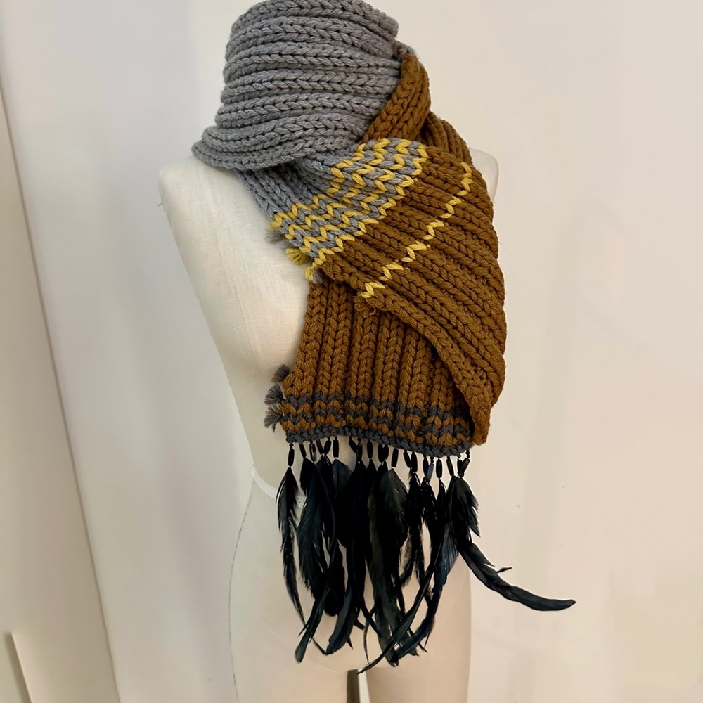 Prada Handmade Chunky Knit Wool Scarf with Feather Trim 🪶